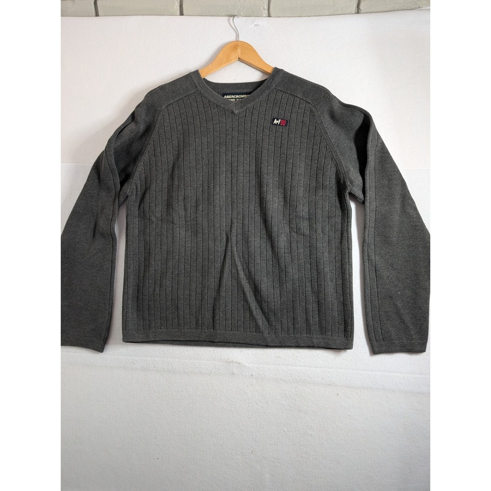 Vtg Abercrombie & Fitch Mens XL Gray Ribbed V-Neck Sweater 92 Logo Cotton Blend